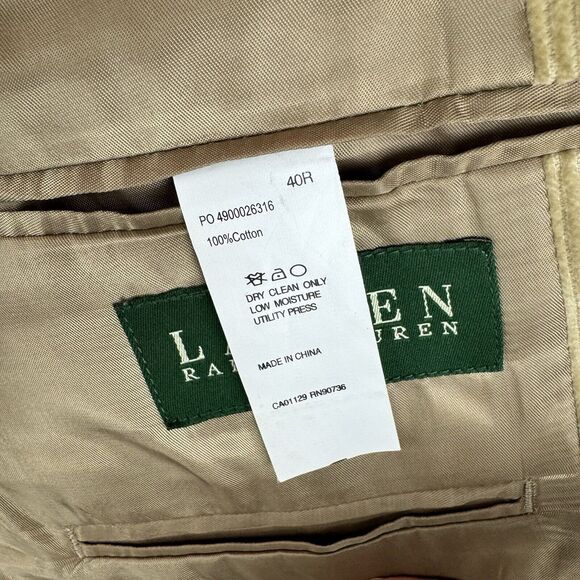 Lauren Ralph Lauren Corduroy Sports Jacket Blazer 40R Tan Silk Lined Knotted - Picture 5 of 10